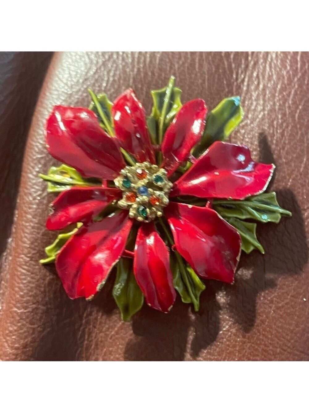 Vintage ART Christmas pointsetta Brooch